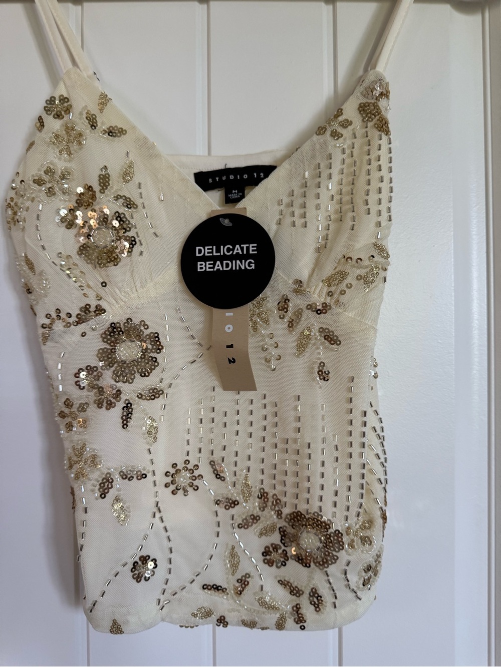 Studio 12 Embellished Cream Sequins Beaded V-Neck Cami NWT